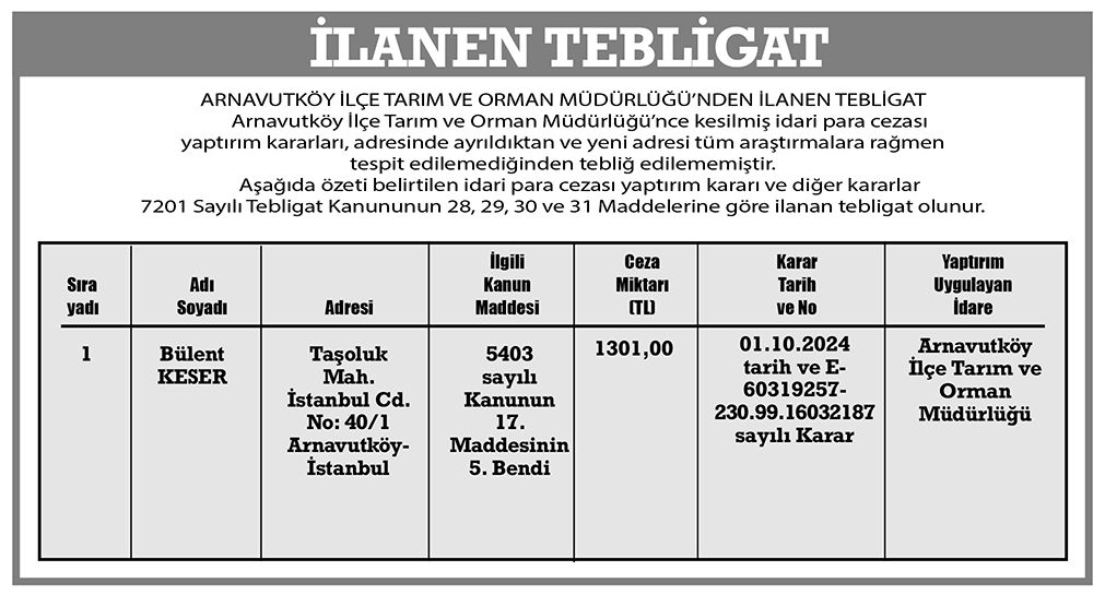 Arnavutkoyilcetarim İLANEN TEBLİGAT