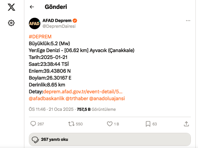 deprem Çanakkale'de 5.2 büyüklüğünde deprem